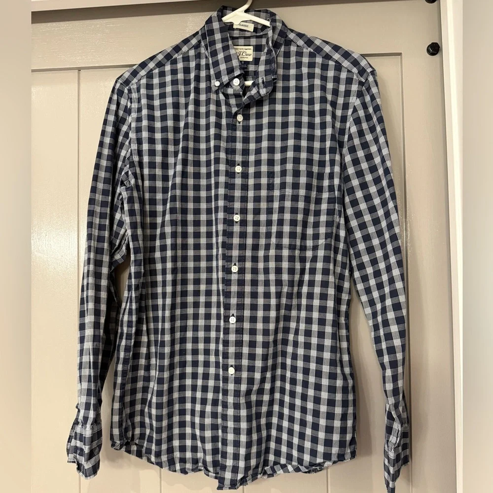 J.Crew Secret Wash Stretch Shirt Mens Small Navy White Gingham Classic‎ Fit
